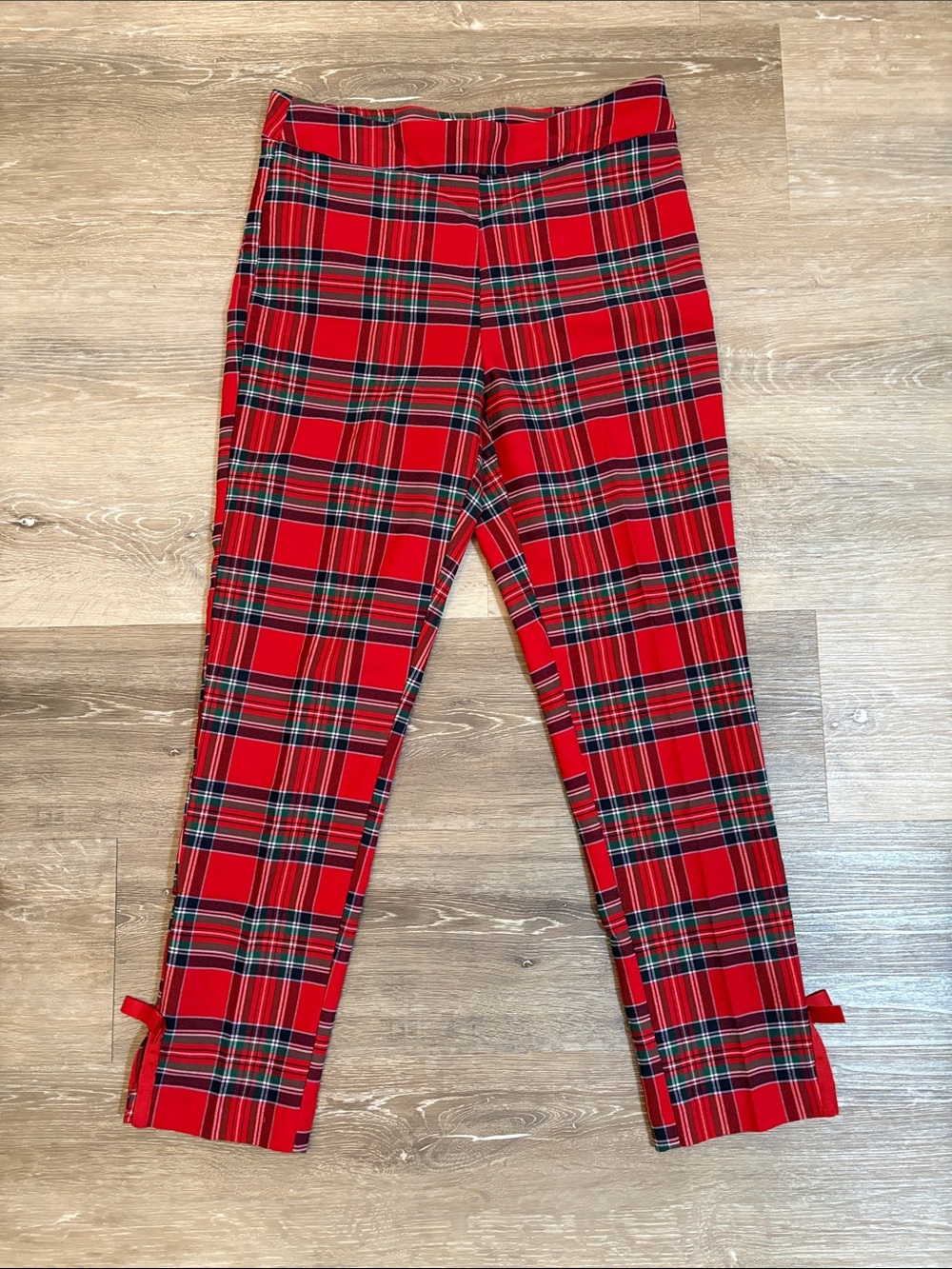 Crown & Ivy Red,Green,Navy Plaid Slip OnTrousers with Side Bows @ Hem#Holiday